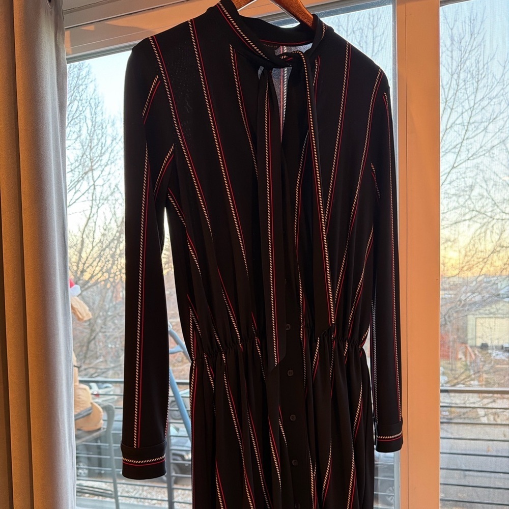 Ann Taylor Black Stripe Midi Shirt Dress Long Sleeve Button Front Tie Neck - S - Picture 5 of 6